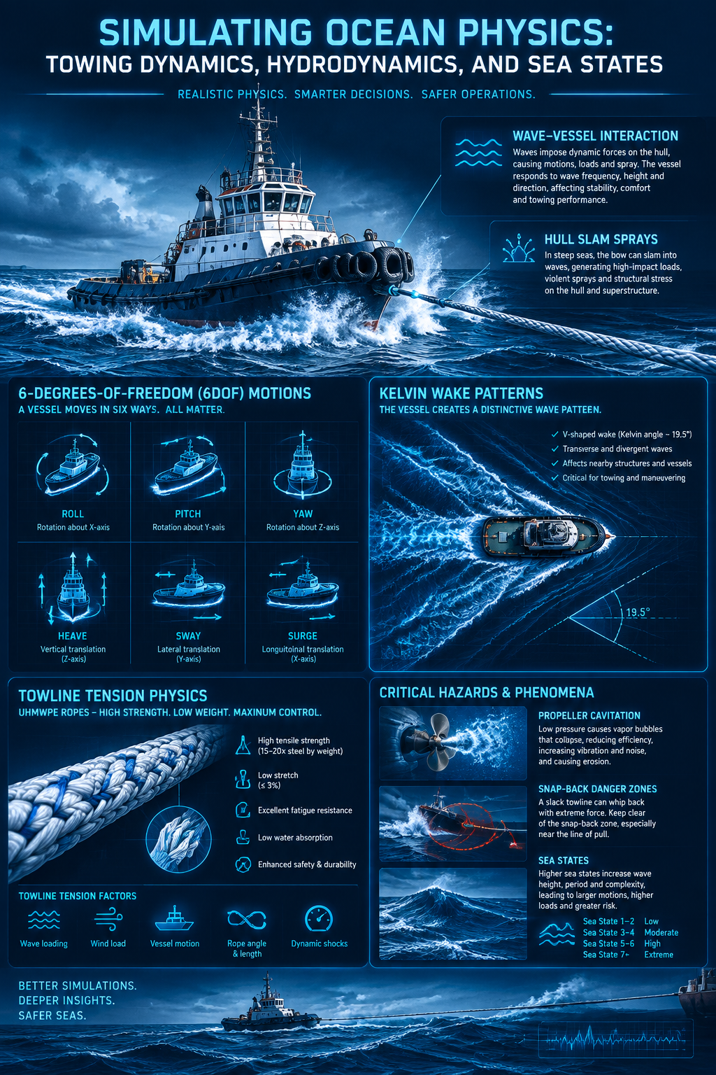 Simulating Ocean Physics: Towing Dynamics, Hydrodynamics, and Sea States